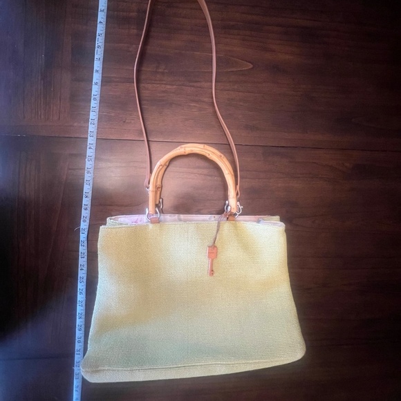 Fossil Bamboo Wooden Handle Woven Satchel Crossbody Lime Green Purse - Picture 9 of 11